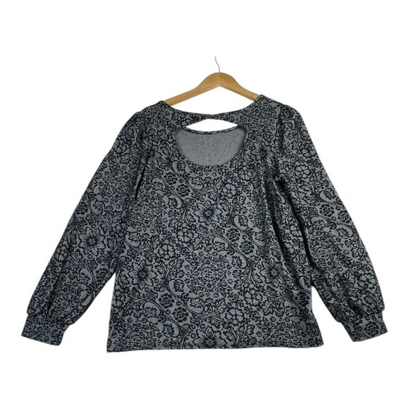 LOFT Floral Jacquard Puffed Shoulders Cutout Back Long Sleeve Top size Large Bla - Picture 4 of 6